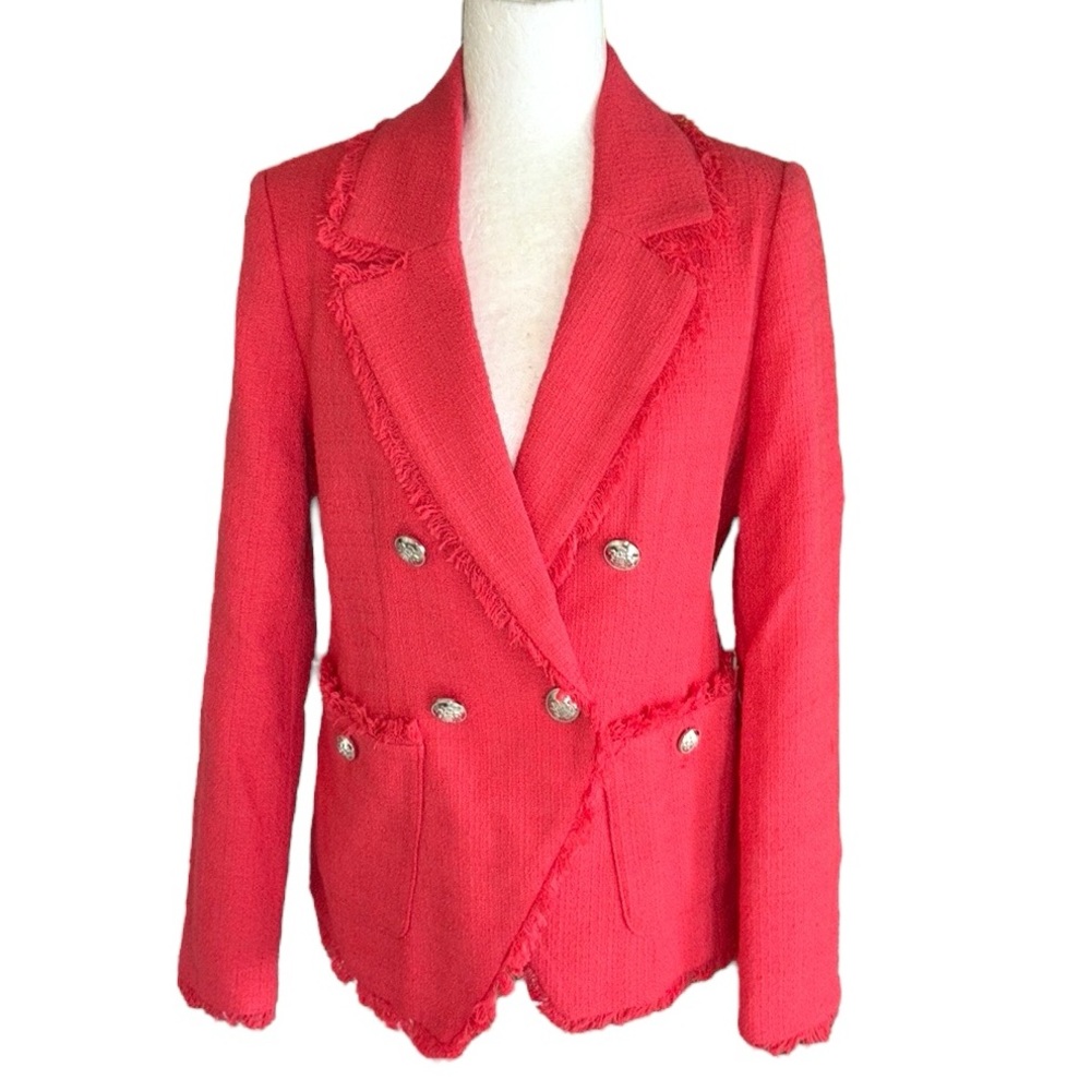 NWT House of Harlow 1960 Coral Red Tweed Fringe Double Breasted Blazer - S